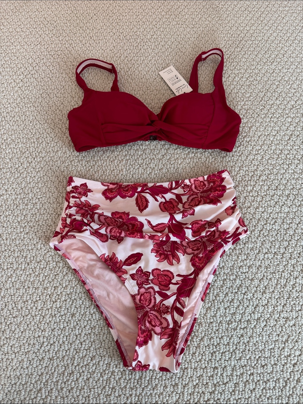 Cupshe Red Floral High-Waist Bikini Set